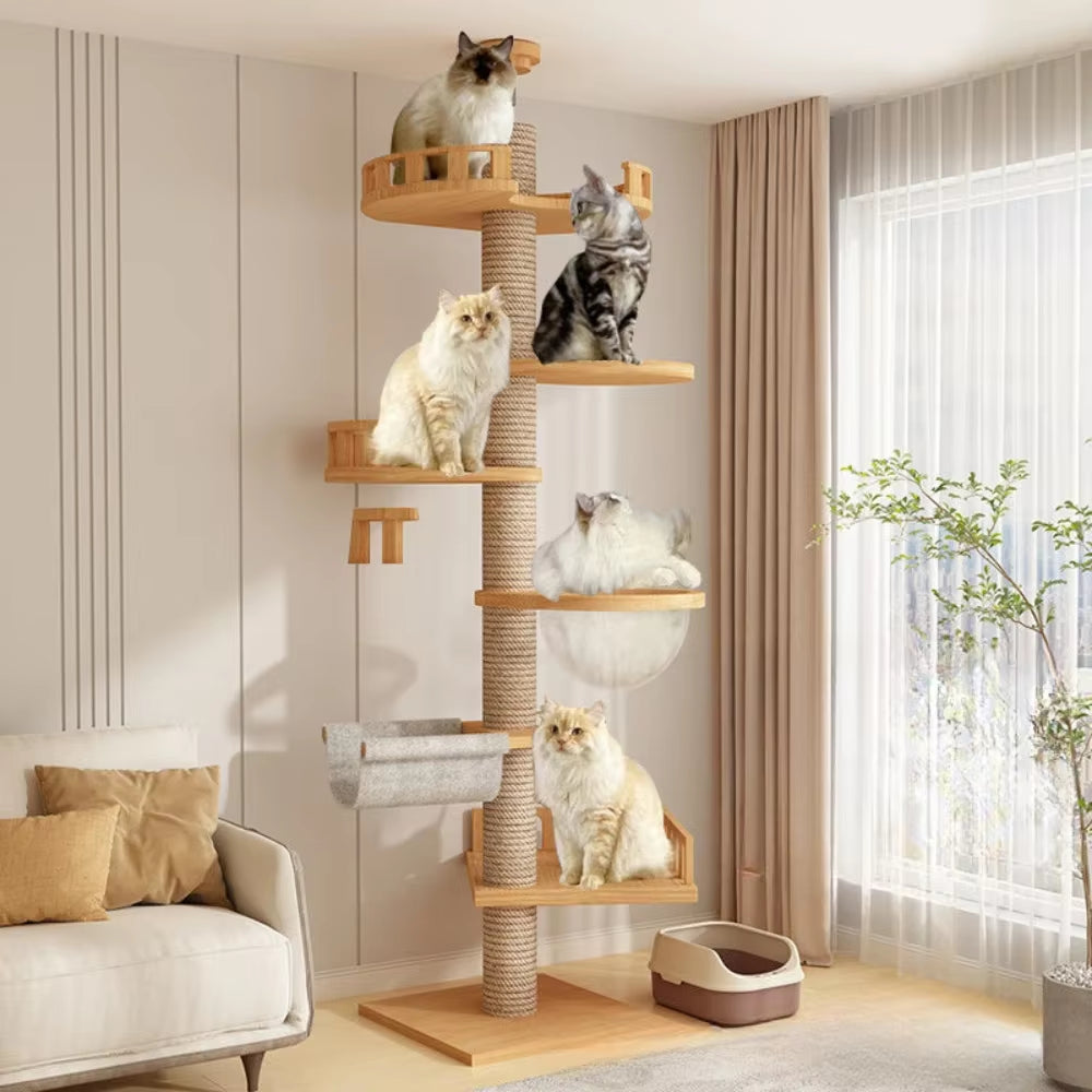 Cat Tree House Tower Adjustable Pet Condo Flannel Hammock Bed Cat Tree Floor to Ceiling Wooden House Multifunction Tower Soft