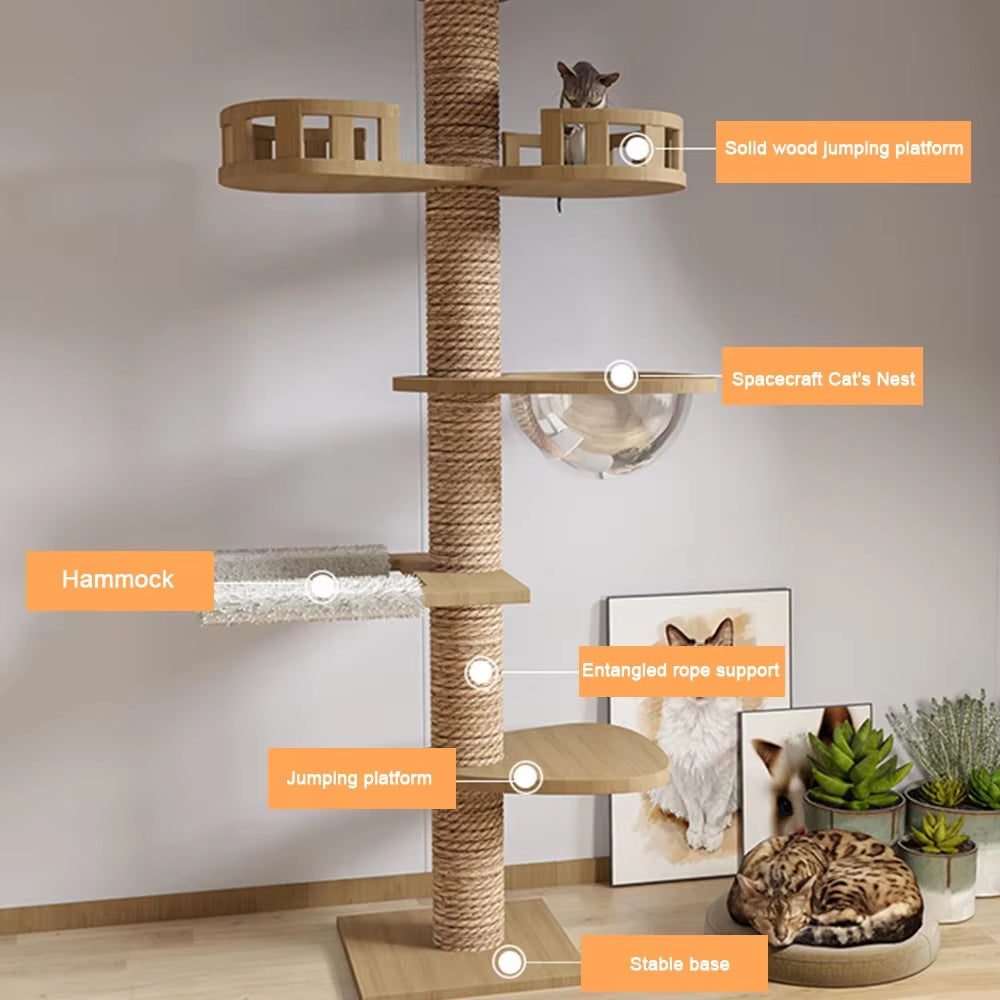 Cat Tree House Tower Adjustable Pet Condo Flannel Hammock Bed Cat Tree Floor to Ceiling Wooden House Multifunction Tower Soft