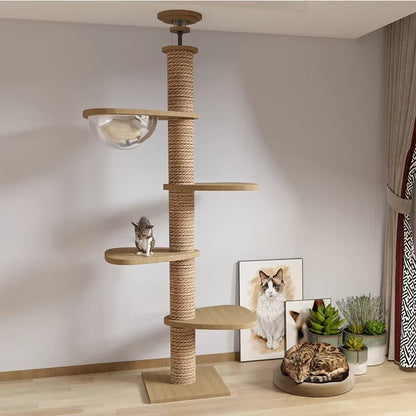 Cat Tree House Tower Adjustable Pet Condo Flannel Hammock Bed Cat Tree Floor to Ceiling Wooden House Multifunction Tower Soft