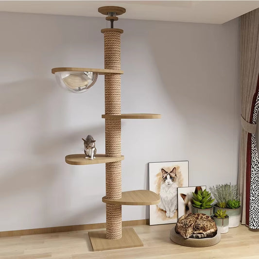 Cat Tree House Tower Adjustable Pet Condo Flannel Hammock Bed Cat Tree Floor to Ceiling Wooden House Multifunction Tower Soft