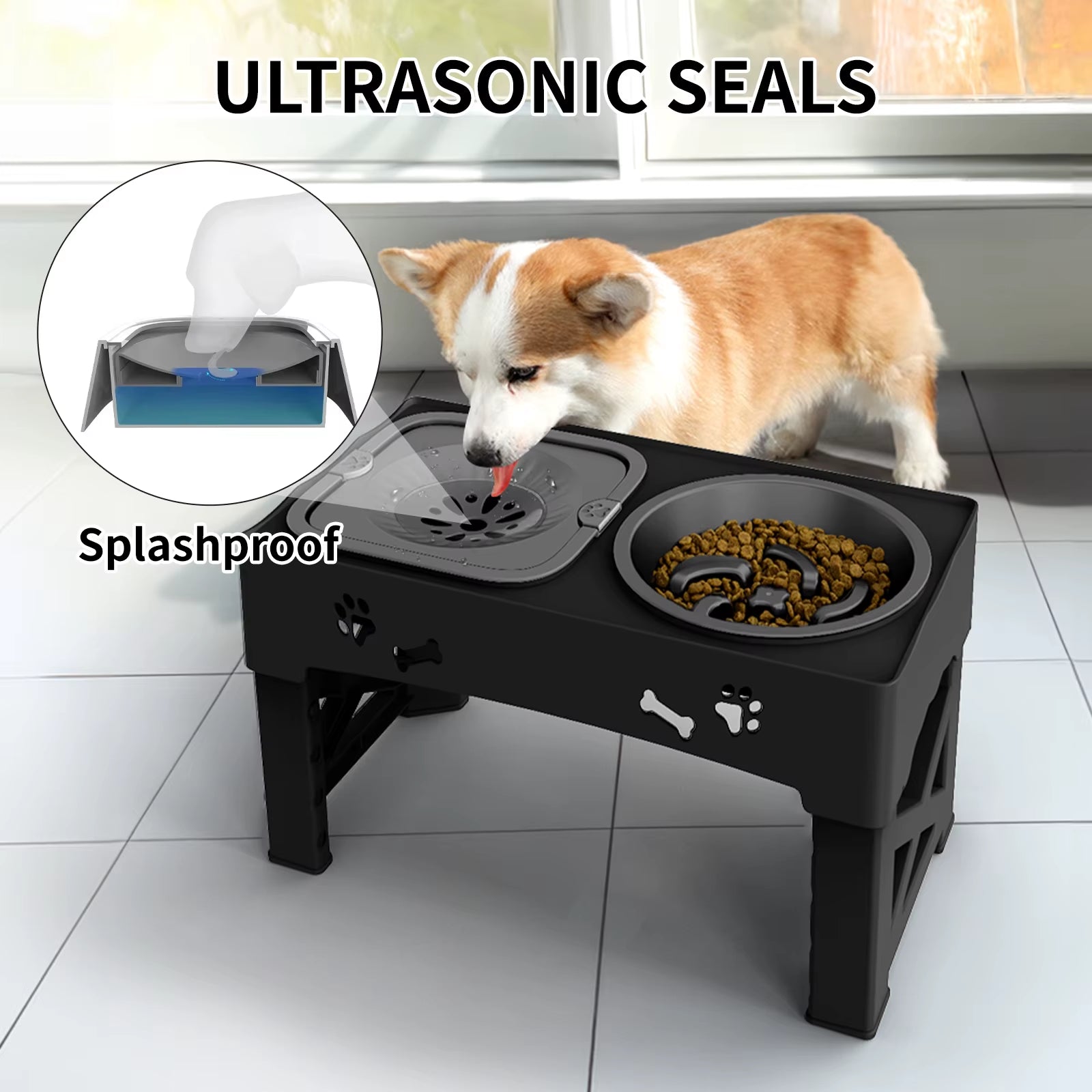 3 in 1 Pet Feeder Slow Feed Bowls Double Bowls Foldable with 5 Adjustable Height Suitable for Pets of Different Heights