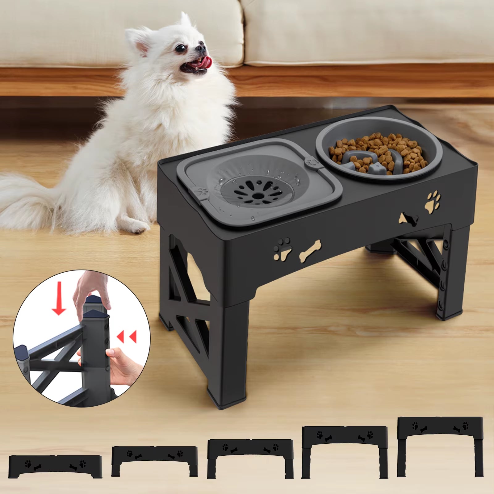 3 in 1 Pet Feeder Slow Feed Bowls Double Bowls Foldable with 5 Adjustable Height Suitable for Pets of Different Heights