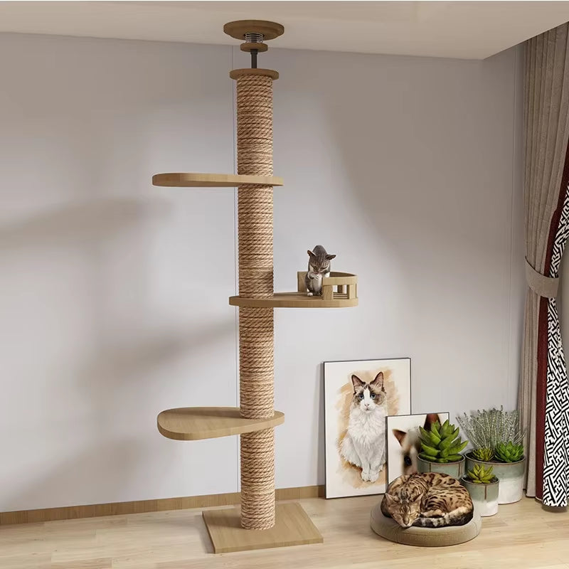 Cat Tree House Tower Adjustable Pet Condo Flannel Hammock Bed Cat Tree Floor to Ceiling Wooden House Multifunction Tower Soft