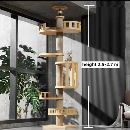 Cat Tree House Tower Adjustable Pet Condo Flannel Hammock Bed Cat Tree Floor to Ceiling Wooden House Multifunction Tower Soft