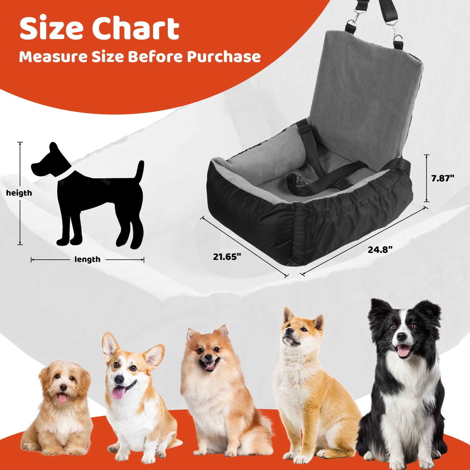 Dog Car Seat, Pet Car Seat with Storage Bag and Clip-On Safety Leash, Washable Coral Fleece Dog Booster Seat for Small Medium Dogs, Small Dog Car Seat for Travel Dog Car Bed