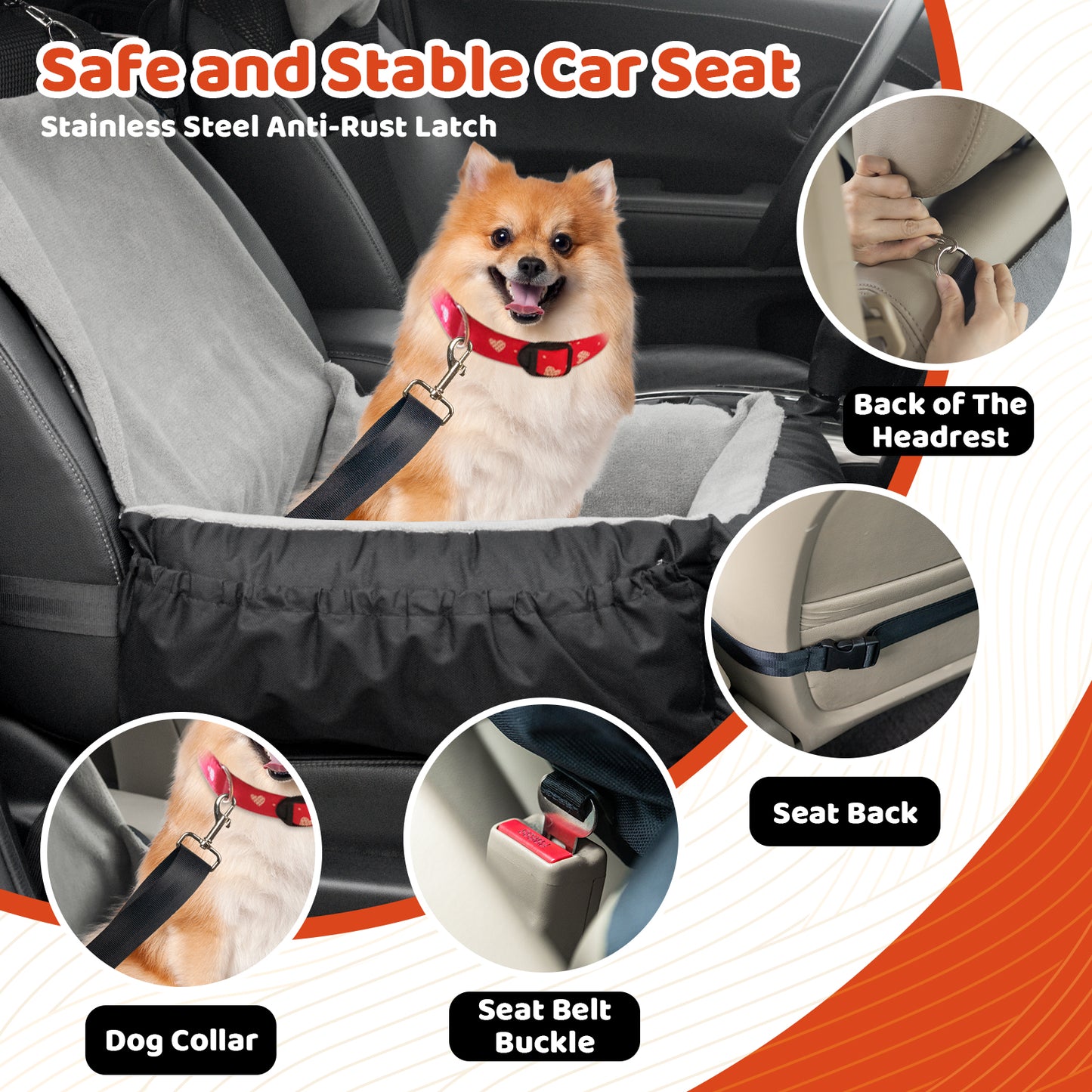 Dog Car Seat, Pet Car Seat with Storage Bag and Clip-On Safety Leash, Washable Coral Fleece Dog Booster Seat for Small Medium Dogs, Small Dog Car Seat for Travel Dog Car Bed