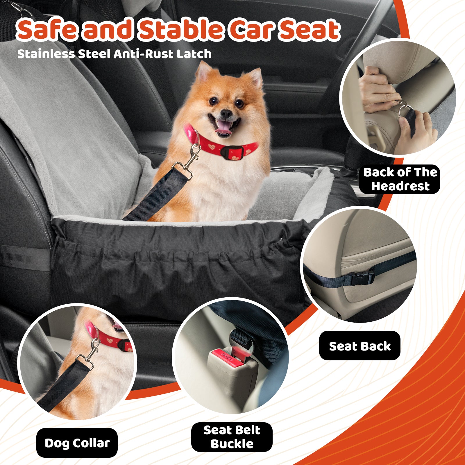 Dog Car Seat, Pet Car Seat with Storage Bag and Clip-On Safety Leash, Washable Coral Fleece Dog Booster Seat for Small Medium Dogs, Small Dog Car Seat for Travel Dog Car Bed