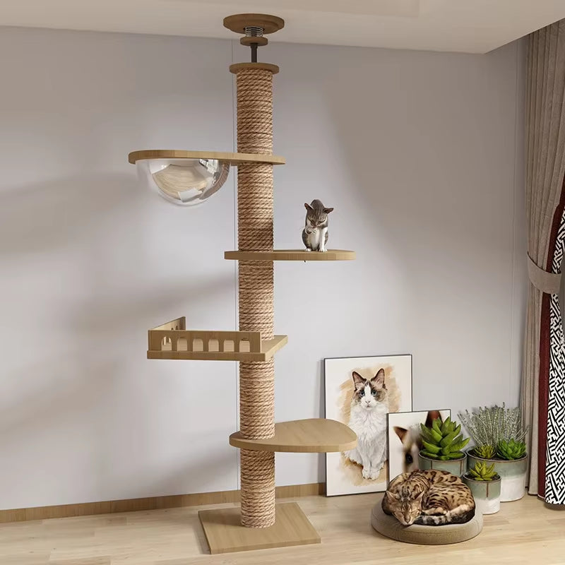 Cat Tree House Tower Adjustable Pet Condo Flannel Hammock Bed Cat Tree Floor to Ceiling Wooden House Multifunction Tower Soft