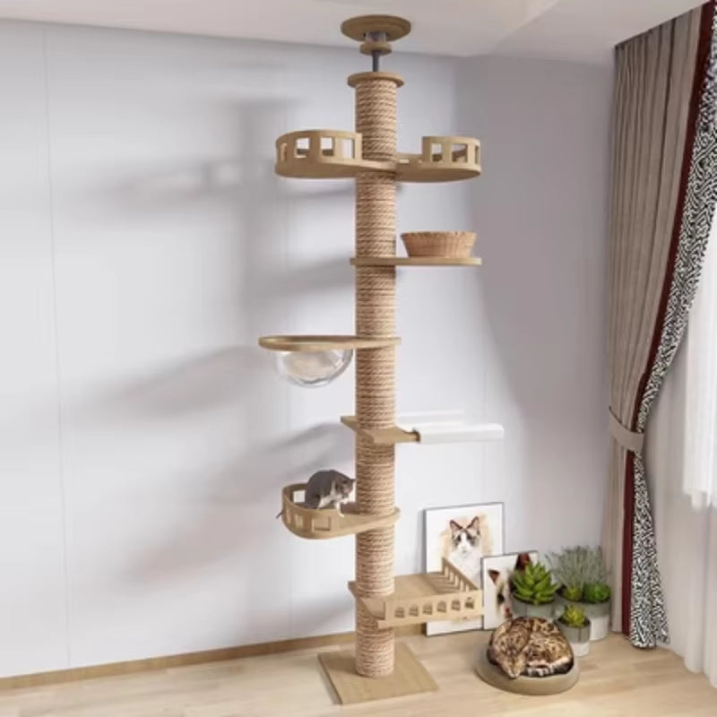 Cat Tree House Tower Adjustable Pet Condo Flannel Hammock Bed Cat Tree Floor to Ceiling Wooden House Multifunction Tower Soft
