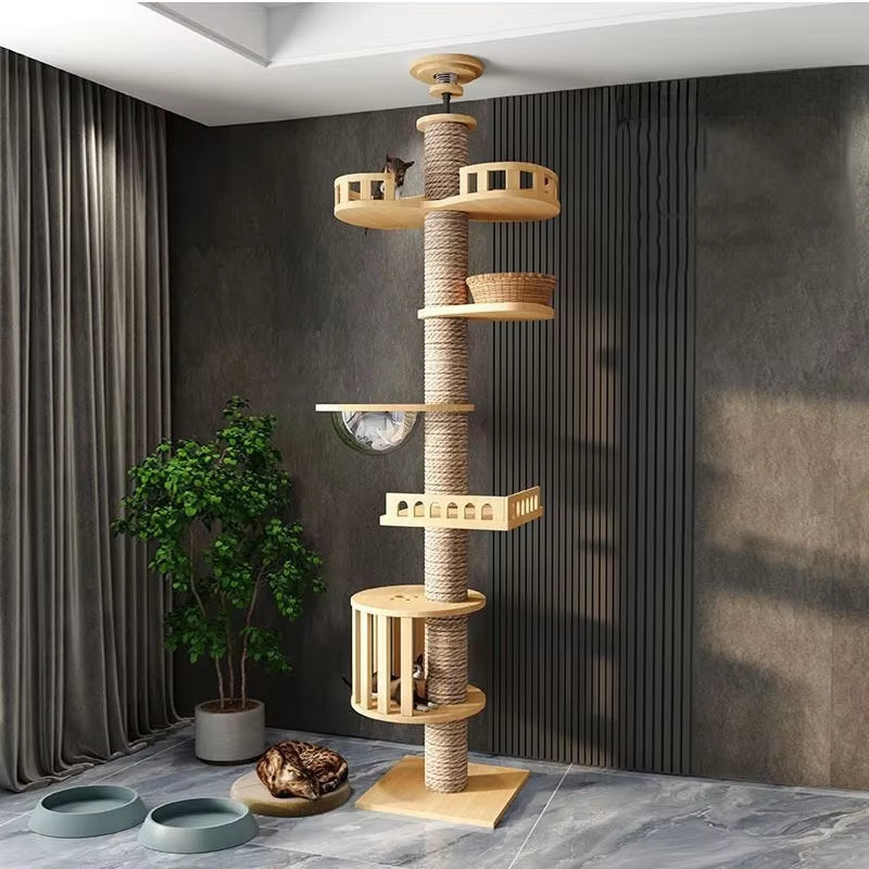 Cat Tree House Tower Adjustable Pet Condo Flannel Hammock Bed Cat Tree Floor to Ceiling Wooden House Multifunction Tower Soft