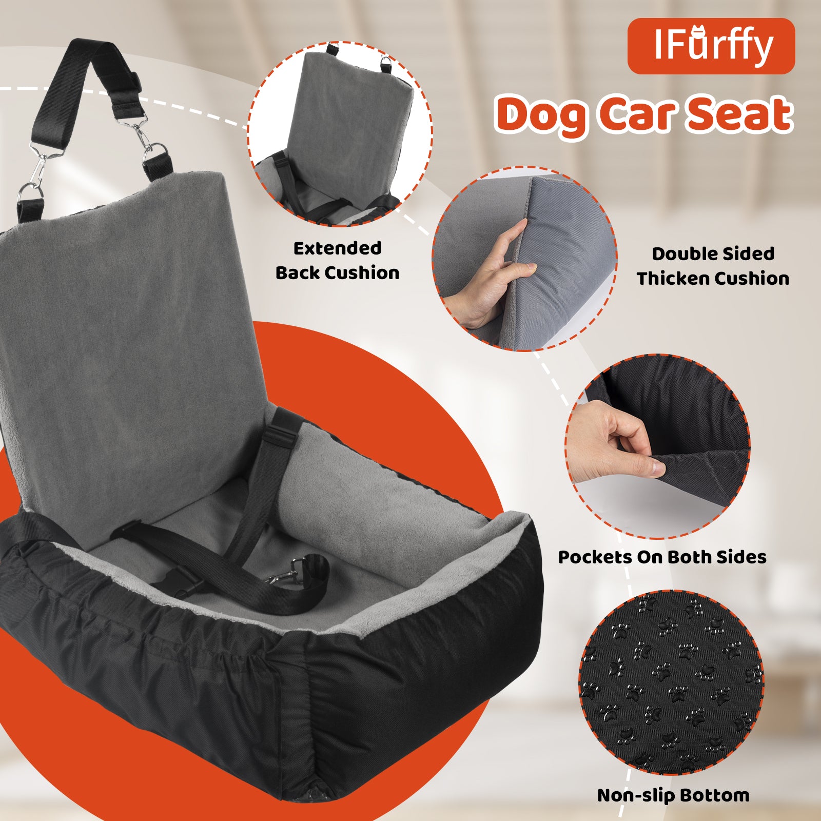 Dog Car Seat, Pet Car Seat with Storage Bag and Clip-On Safety Leash, Washable Coral Fleece Dog Booster Seat for Small Medium Dogs, Small Dog Car Seat for Travel Dog Car Bed