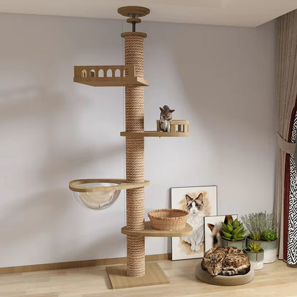 Cat Tree House Tower Adjustable Pet Condo Flannel Hammock Bed Cat Tree Floor to Ceiling Wooden House Multifunction Tower Soft