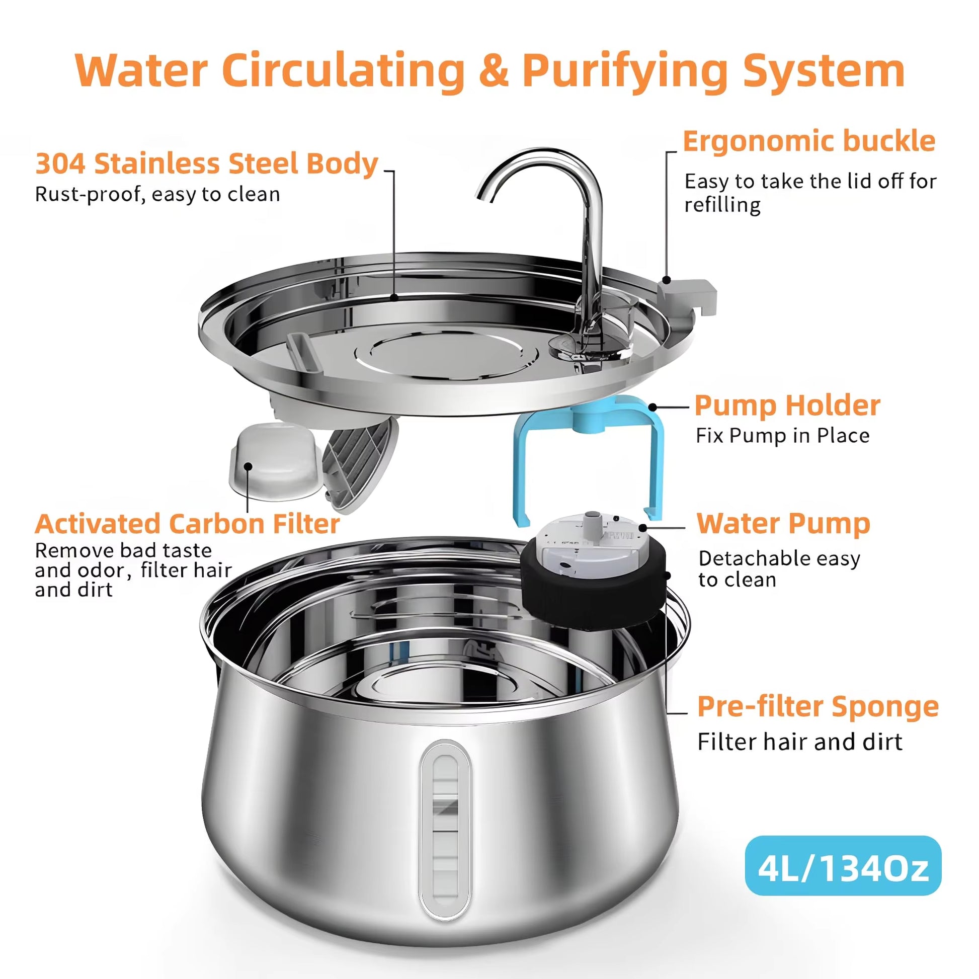 4L Stainless Dog Automatic Water Fountain Pet Water Fountain Multi-Filter Cat Fountain Small and Medium Dog Water Feeder