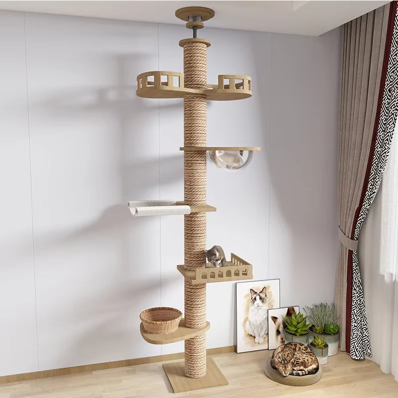 Cat Tree House Tower Adjustable Pet Condo Flannel Hammock Bed Cat Tree Floor to Ceiling Wooden House Multifunction Tower Soft