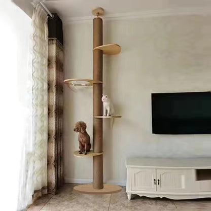 Cat Tree House Tower Adjustable Pet Condo Flannel Hammock Bed Cat Tree Floor to Ceiling Wooden House Multifunction Tower Soft